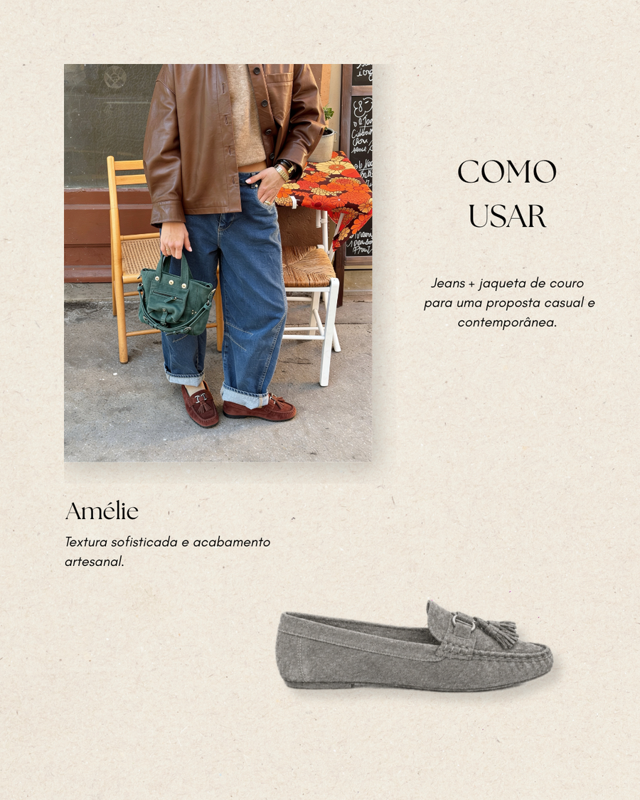 Amélie com jeans e couro